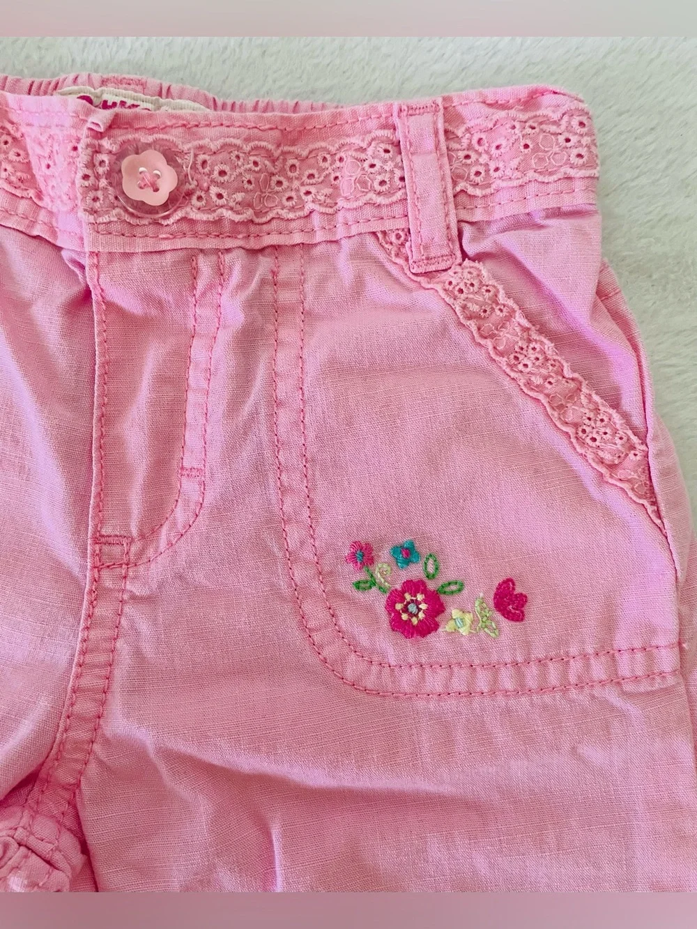Oshkosh Bgosh Baby Girl Pants 18 M Pink Embroidered Flowers Spring Summer Casual